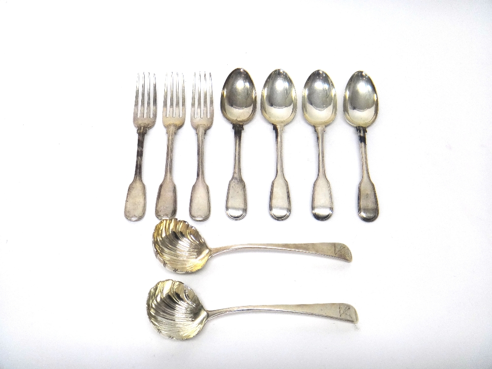 Silver flatware, comprising; three fiddle and thread pattern dessert forks, London 1842, three