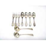 Silver flatware, comprising; three fiddle and thread pattern dessert forks, London 1842, three