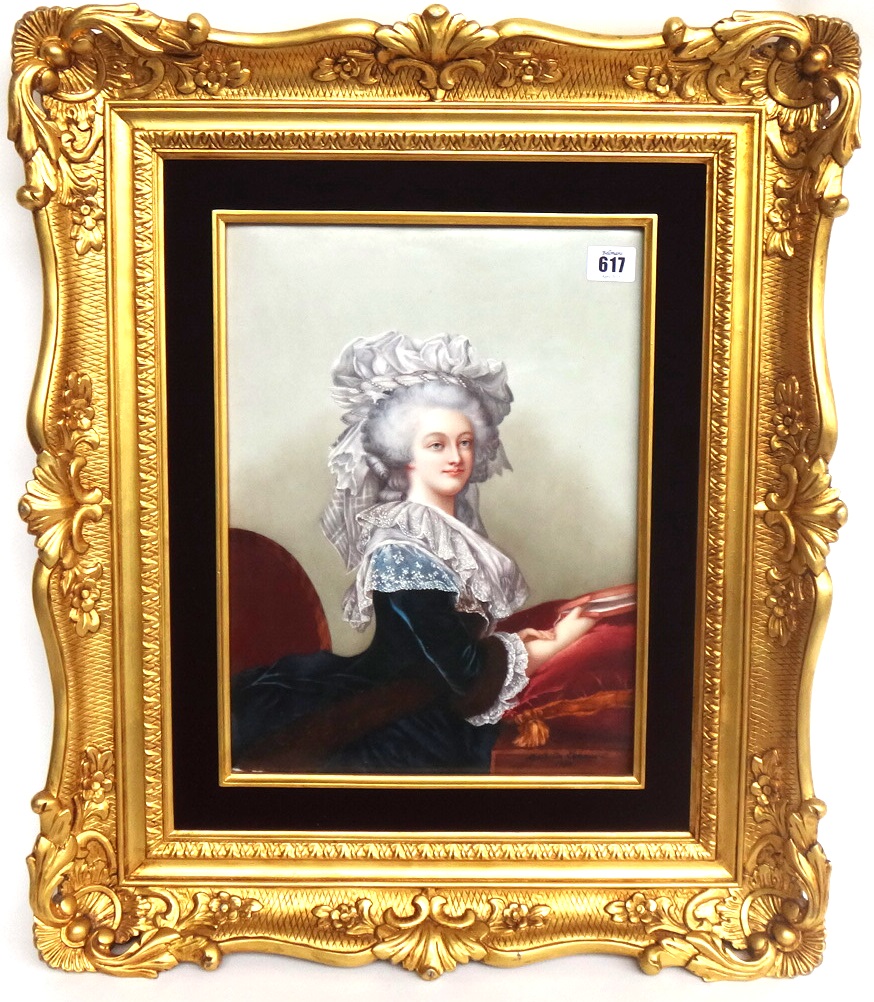 A French porcelain portrait plaque dated 1894, attributed to Limoges, painted with a portrait of a - Image 5 of 8