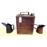 A 'REGENT MOTOR SPIRIT' petrol can, a Castrol one pint oil jug and a Shell oil jug, (3).