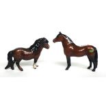 A Beswick Dartmoor pony No.1642, two Shetland ponies and one smaller Shetland pony, brown gloss,