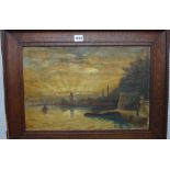 English School (late 19th century), Harbour scene at sunset, oil on board,