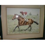 Sue J Wingate, 'Head for Heights', with Lester Piggott, watercolour, signed and dated 1984.