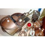 A quantity of copper and brass, including a coal scuttle, watering cans, fire tools and sundry.