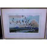 Sir Peter Scott (1909-1989), Geese in flight; Geese by a lake, a pair of colour prints,