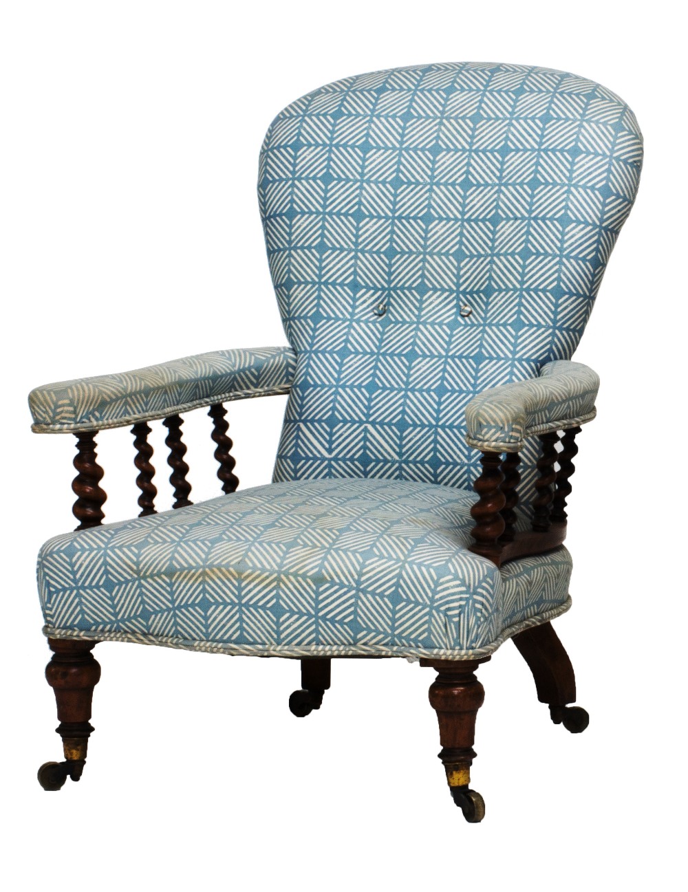 A Victorian satin birch framed open arm easy chair on turned and barleytwist supports,