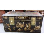 A large Chinese late 19th century black lacquer and chinoiserie decorated chest on stand,