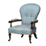 A Victorian satinwood framed open arm easy chair on turned and barleytwist supports,