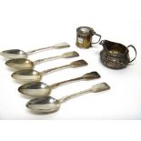 Silver, comprising; four fiddle pattern tablespoons, London 1849, another fiddle pattern tablespoon,