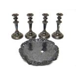 Old Sheffield plated wares, comprising; a set of four table candlesticks,