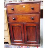 A George III mahogany side cabinet with pair of drawers and panel cupboards on plinth base,