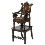 An early Victorian carved oak Gothic revival child's armchair on stand, 92cm high.