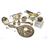 Silver and silver mounted wares, comprising; a Victorian hinge lidded square glass inkstand,