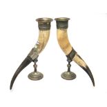 Two formerly silver plated, metal mounted horn, ceremonial drinking vessels, on circular stands,