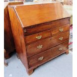 A George III fruitwood bureau, the fitted interior over two short and two long graduated drawers,