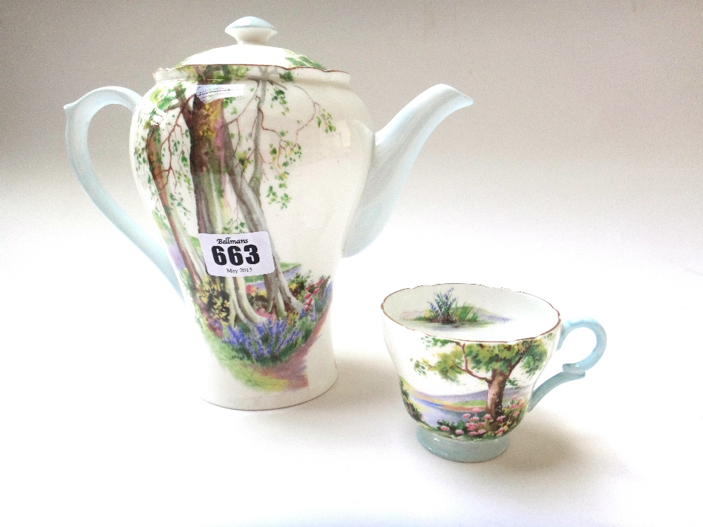 A Shelley part tea and coffee service decorated in the 'Woodland' pattern comprising;