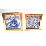 Eleven delftware blue and white tiles, mostly English, 18th century, painted with landscapes,