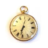 A gold cased, key wind openfaced fob watch, with an unsigned gilt jeweled cylinder movement,