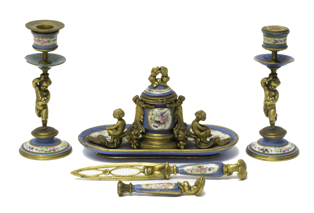 A Sevres style porcelain and ormolu mounted desk set, late 19th century,