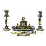 A Sevres style porcelain and ormolu mounted desk set, late 19th century,