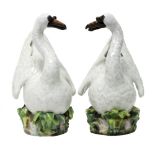 A pair of Meissen porcelain swans, late 19th century, modelled atop a naturalistic base,