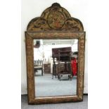 A Queen Anne style arch top gilt framed wall mirror, the frame inset with textile panels,