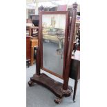 A William IV mahogany cheval mirror on turned supports and scroll feet, 75cm wide x 157cm high.