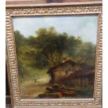 Jan van der Kaa (1813-1877), A logger, sheep and shepherd by a farm, oil on canvas,