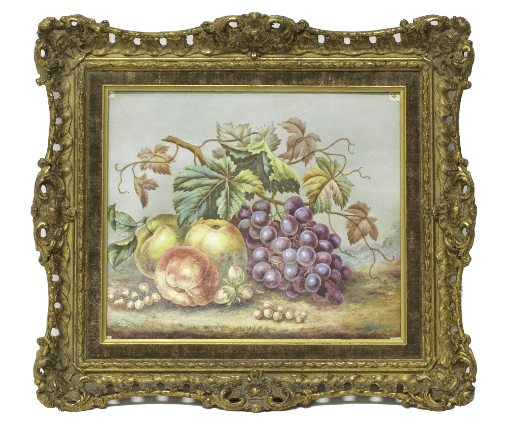 An English pottery plaque, late 19th century, painted with a still life of apples, grapes,