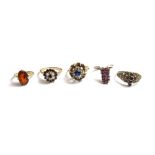 A gold, opal and garnet set cluster ring, a 9ct gold,