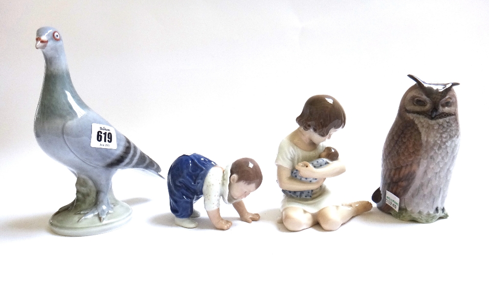 Three Royal Copenhagen porcelain figures, including; a young girl holding a doll, a pigeon,