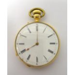 A gold cased keyless wind openfaced pocket watch, with an unsigned gilt cylinder movement,