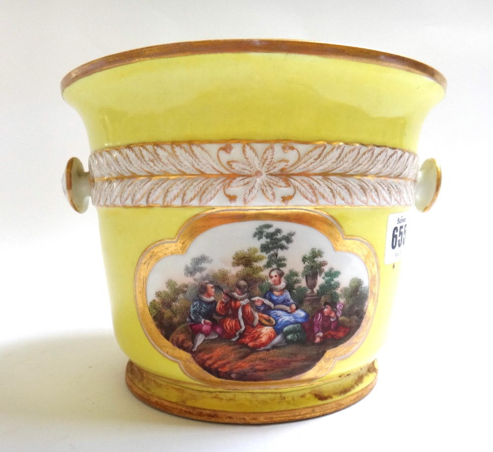A German porcelain jardiniere, late 18th century, yellow ground with painted cartouches, (a.f.), 14.
