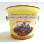 A German porcelain jardiniere, late 18th century, yellow ground with painted cartouches, (a.f.), 14.