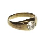 A gold and diamond set single stone ring, gypsy set with a cushion shaped diamond, detailed 18 CT,