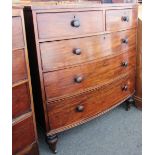 An early 19th century mahogany bowfront chest of two short and three long graduated drawers on