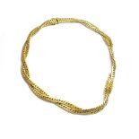 A gold necklace, in an entwined flat curb link design, having a textured finish, on a snap clasp,