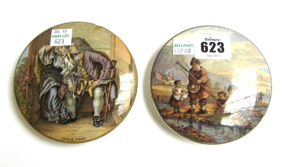 Six Prattware pot lids, including; Transplanting Rice, Uncle Toby, - Image 3 of 3