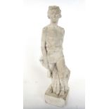 A plaster statue of David, late 20th century, modelled holding Goliath's head on a square plinth,