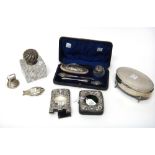 Silver and silver mounted wares, comprising; a Victorian square glass inkstand,