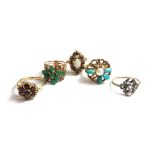 A gold, green and colourless gem set ring, in a five section design, a 9ct gold,