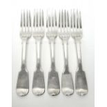 Five Victorian silver fiddle pattern table forks, monogram engraved, London 1845, weight 392 gms.