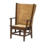 A mid 20th century stained pine and woven straw back Orkney chair, 104cm high.