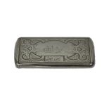 A European rectangular hinge lidded snuff box, engraved with a view of a building to the centre,