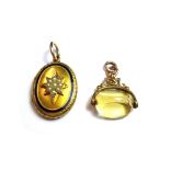 A Victorian gold, blue enamelled and seed pearl set oval pendant locket,