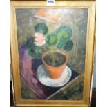 Circle of Duncan Grant, Still life of a potted geranium, oil on board, 41cm x 28cm.