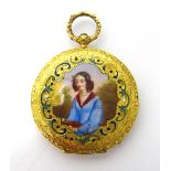 A lady's gold cased and enamelled key wind, openfaced fob watch,