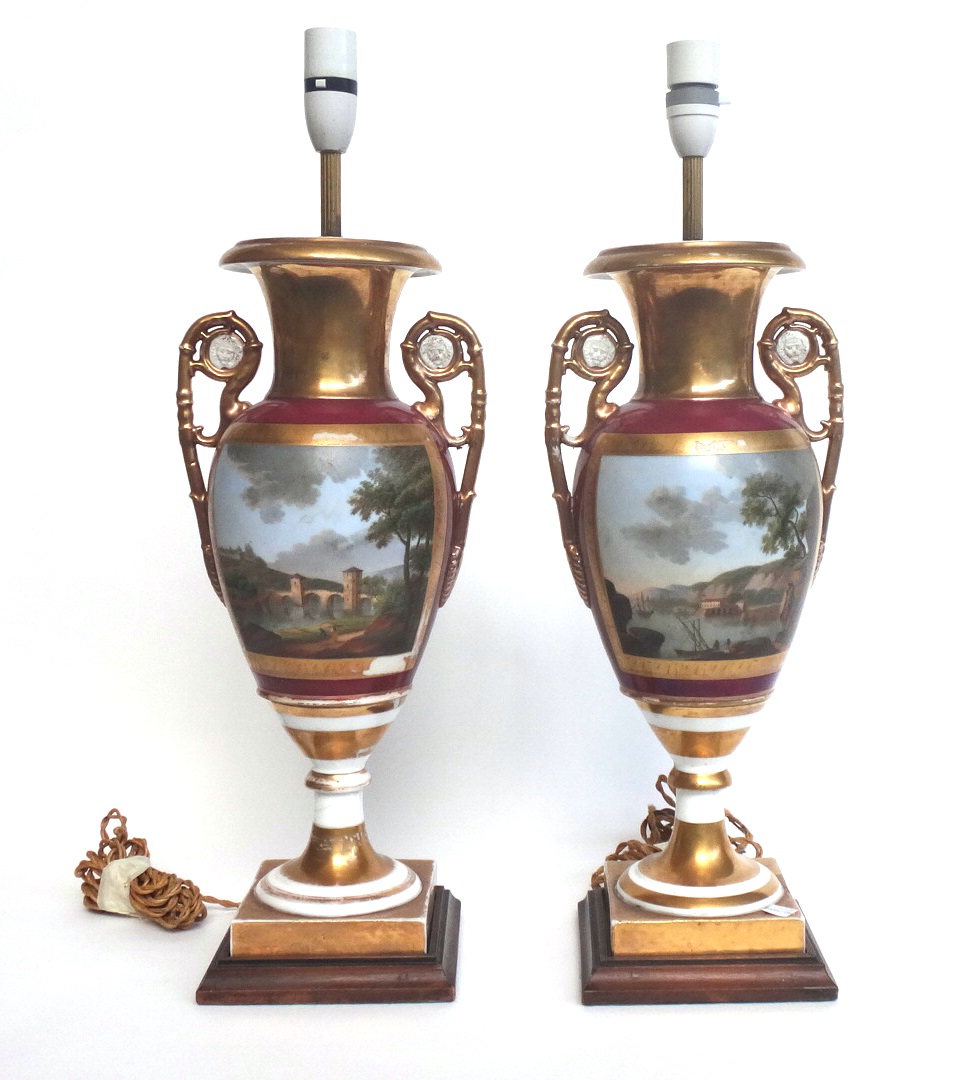 Three porcelain vases mounted as table lamps, the pair circa 1830, the single late 19th century, - Image 2 of 3