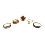 An 18ct gold, red and colourless gem set ring, Chester 1919, a 9ct gold ring,