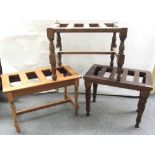 A 19th century walnut slatted luggage stand on turned supports, with makers disk 'Smee & Cobay,